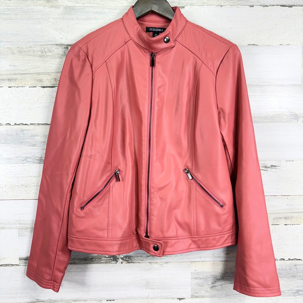 Roz & Ali Salmon Pink Faux Leather Vegan Moto Jacket Womens Full Zip Size M‎